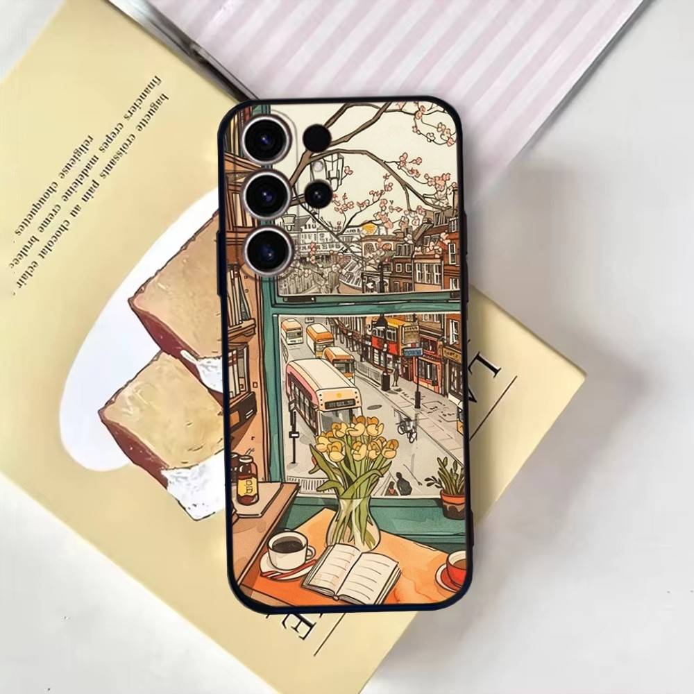 Coffee Study Book illustration Phone Case For SamsungS25,24,21,22,23,30,Ultra,20,Plus,Fe,Lite,Note,10,9,Soft Black Cover