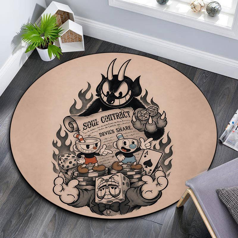 Cuphead & Mugman, Tappeto Rotondo, Tappeto per Soggiorno Camera da Letto Divano Sala Giochi Decorazione, Tappetino Antiscivolo