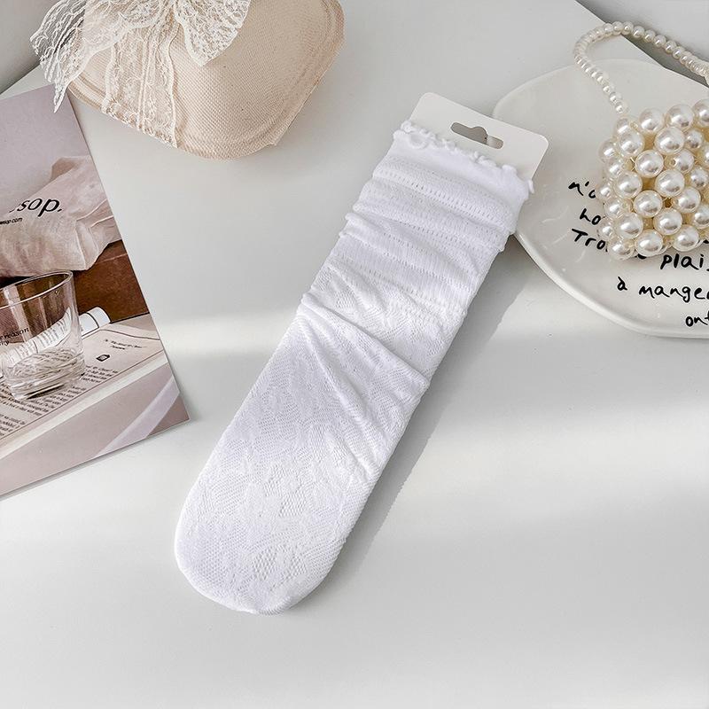 Women's Summer Ultra-thin Lace White Pile Socks with Mesh, Breathable and Sweat-absorbent Sweet Ballet Wind Stockings