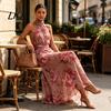 Casual Loose Fit Dress Floral Chiffon for Women, Halter Sleeveless Ruched Maxi Off-shoulder Dress, Turtle Neck Wedding Guest Cocktail Evening