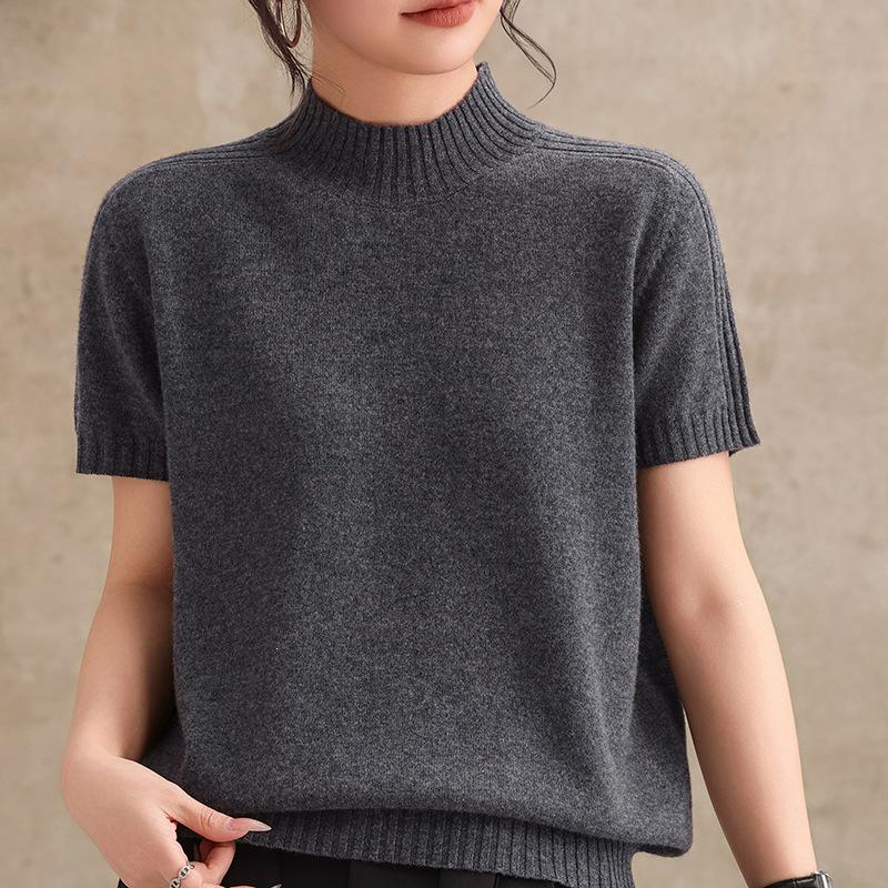 Women's Short-Sleeve Semi-High Neck Sweater: Early Spring Slimming Knit T-Shirt