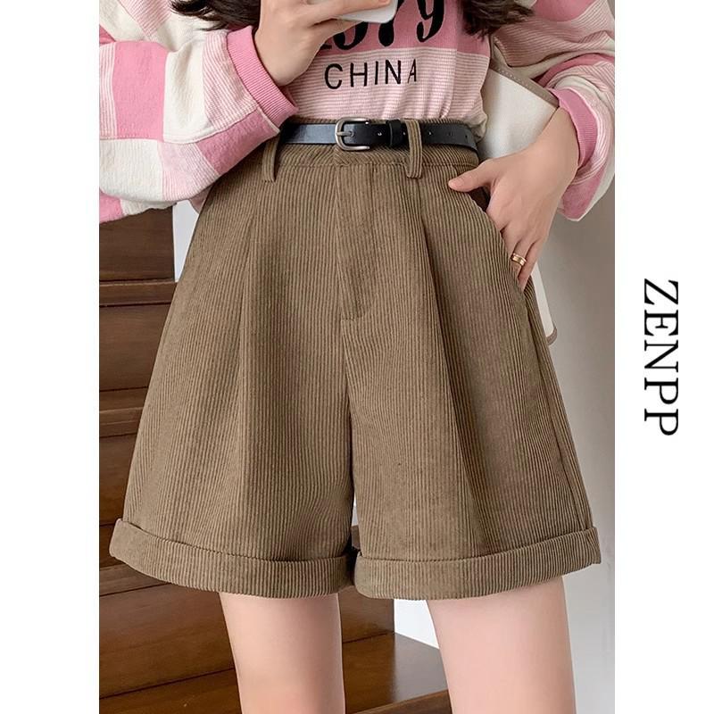 Maillard Coffee Corduroy High-Waist A-Line Shorts for Women - Autumn/Winter
