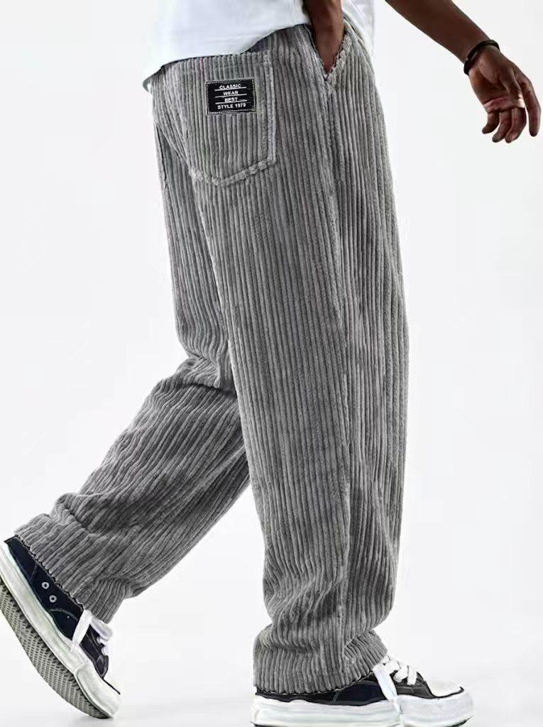 European & American Men's Wide Corduroy Logo Pocket Casual Loose Straight-Leg Pants 2026
