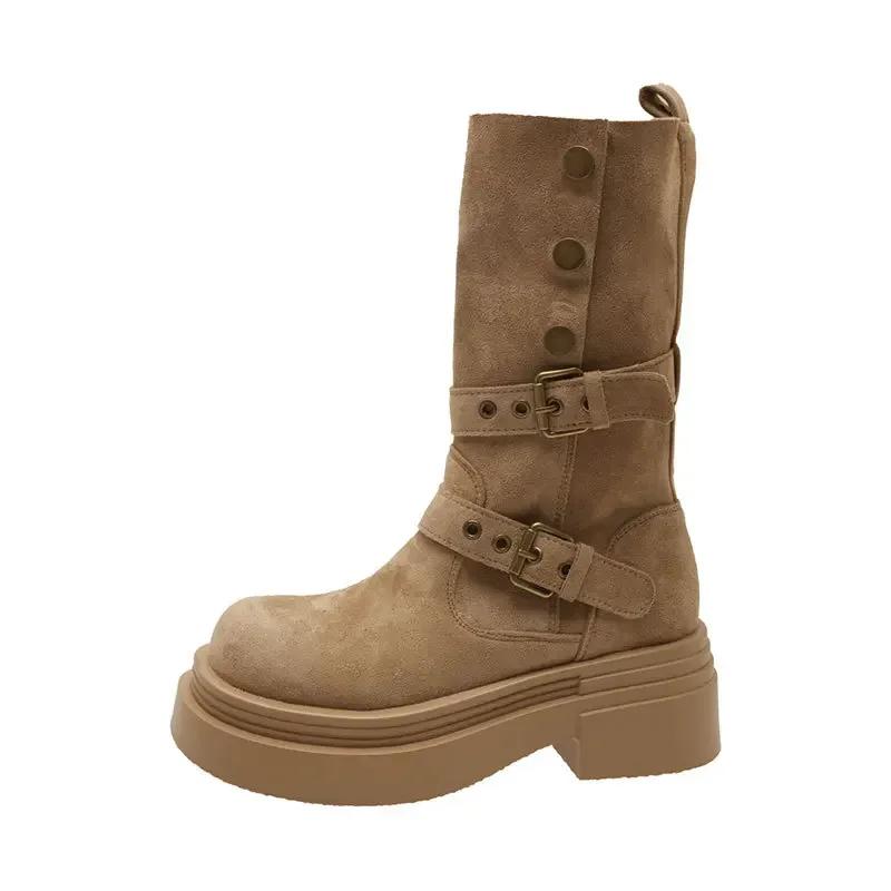 Women's Long Boots 2025 Spring New Style Fashionable Two-piece Lapel Mid Leg Boots Retro Versatile Thick Soled Motorcycle Boots