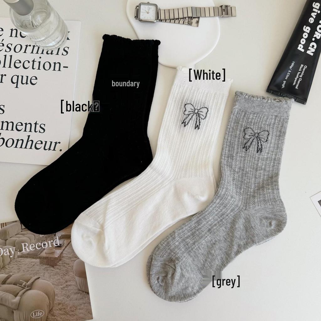 Miu Style Women's Summer Grey Bow Mesh Mid-Calf Socks - Super Thin, Glittery, Hot Stamping Design