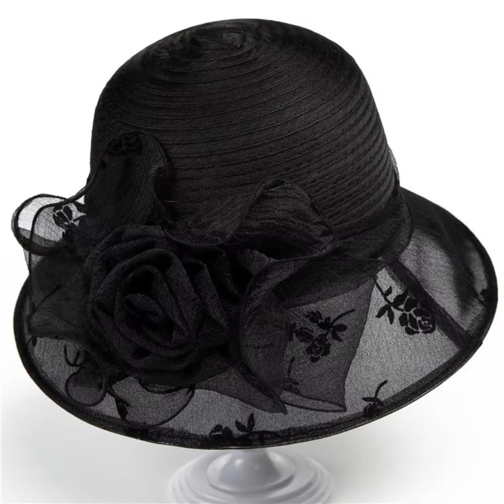 

Organza Flower Bow Lady Hat Elegant Beach Sun Cap Fashion Sunscreen Hats for Women Church Wedding чёрный