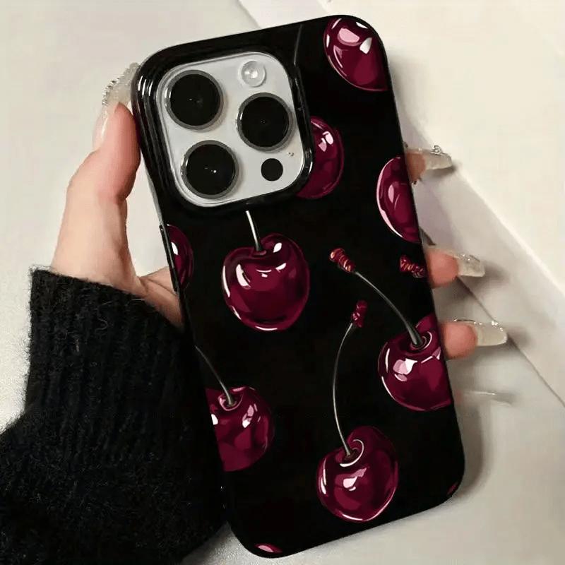 Black cherry pattern design phone case suitable for iPhone 17 16 15 14 13 12 11 Pro/Max/Plus anti drop and shockproof back cover