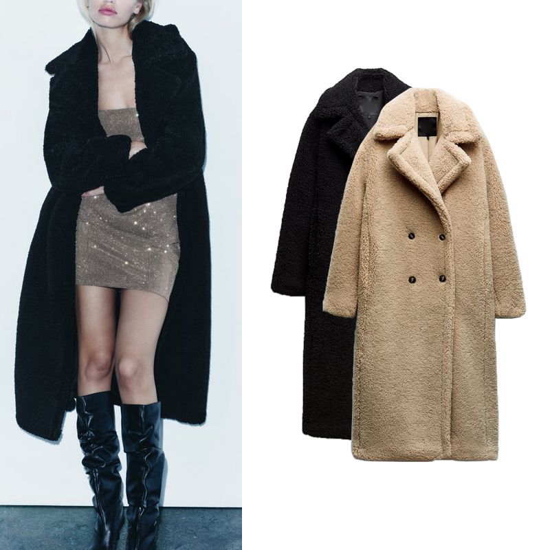 Fall and Winter New Arrival V-Type Lapel Thickening Mid Length Long Length Lamb Wool Fleece Long Coat Outwear 1255700