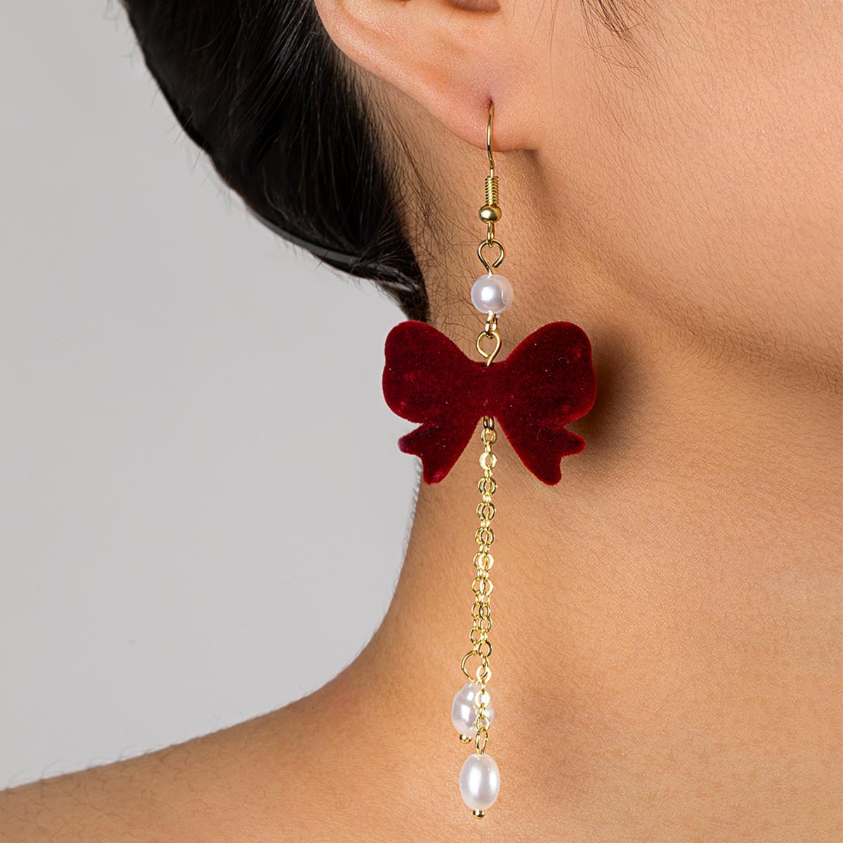 

1 pair of red velvet bow imitation pearl pendant long women s earrings, versatile for daily use and suitable for holiday wear