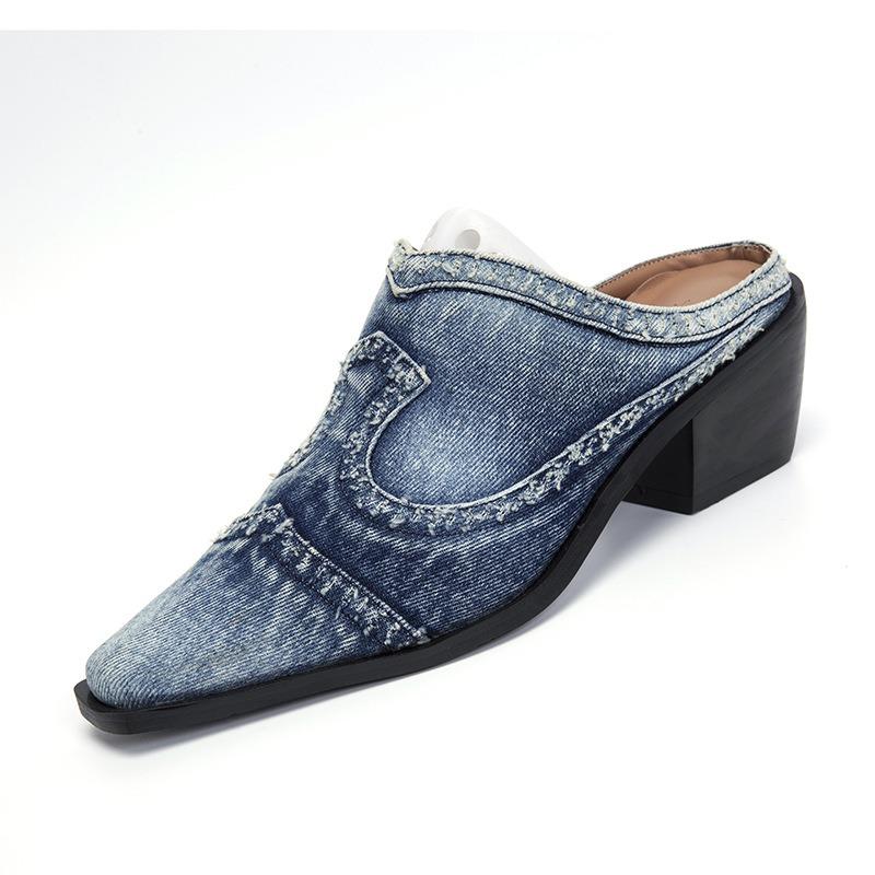 Summer New Denim Thick Heel Slippers Women's Cut Pointed Head Bag Head Wear High Heel Sandals