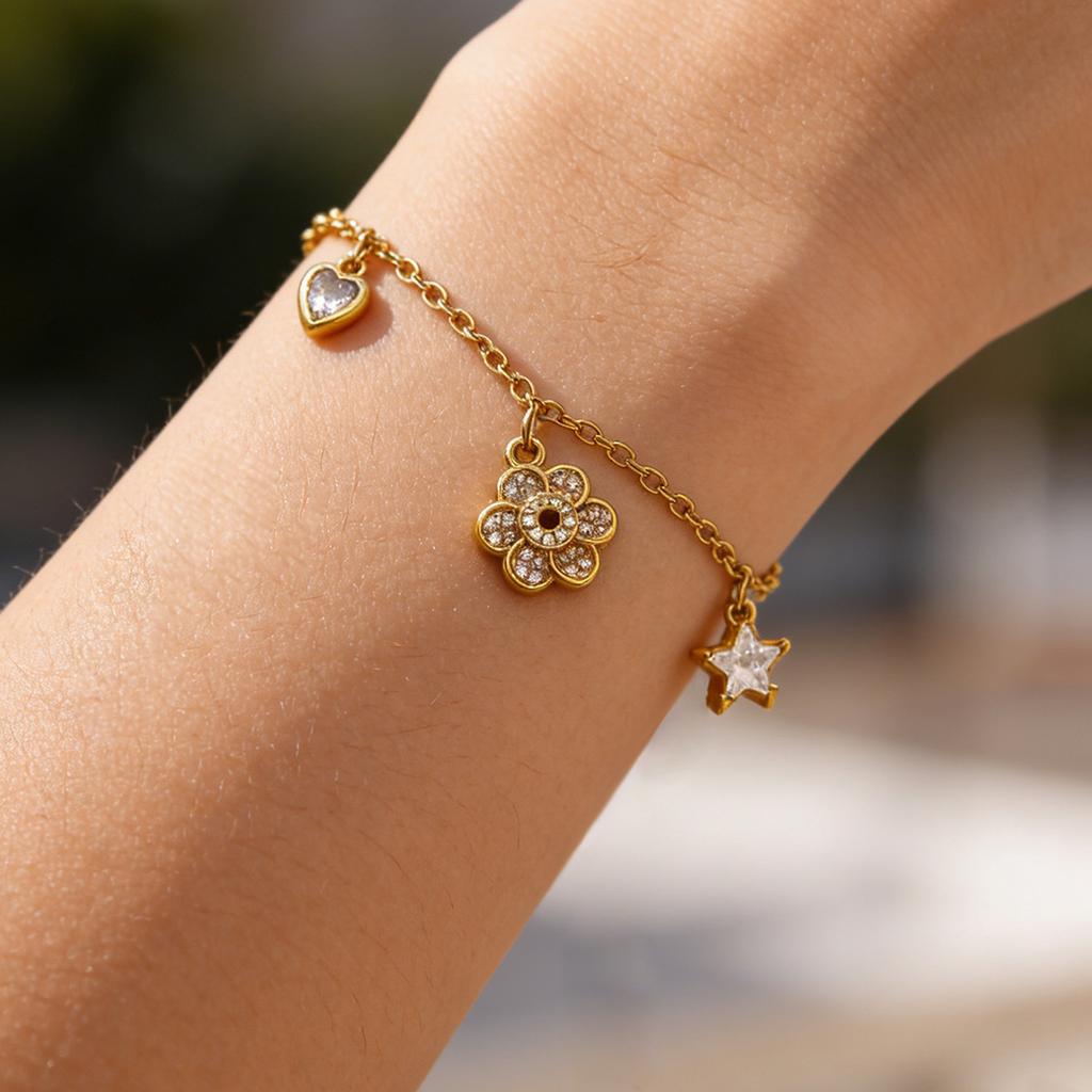 Gold Color 3D Heart-Shaped Star Tassel Bracelet For Womem Summer Waterproof Stainless Steel Chain Shiny Hand Jewelry Party Gift