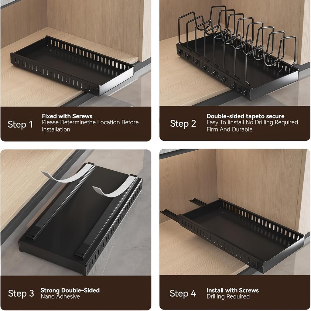 Pull Out Pot Lids Organizer Rack, 2pcs Pots and Pans Organizer for Under Cabinet, Pot Lid Holder with 8 Adjustable Compartment for Kitchen Cabinet