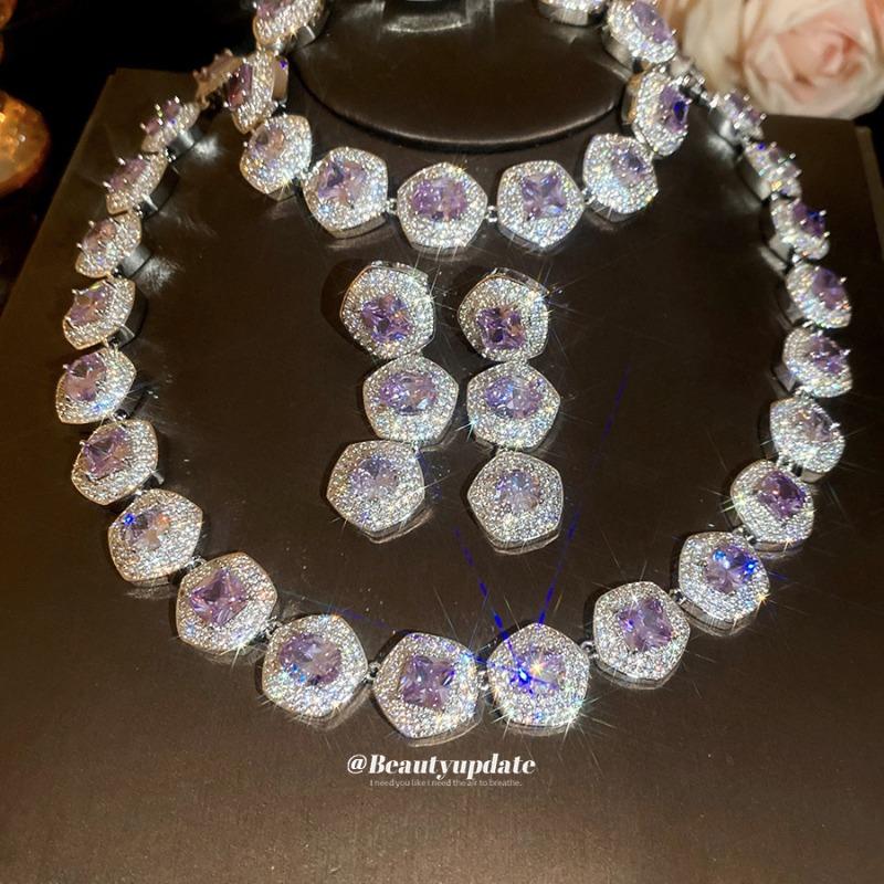 Court Style Purple Zircon Square Necklace Bracelet Earrings Elegant Fashion Jewelry Set Light Luxury Temperament Jewelry Women