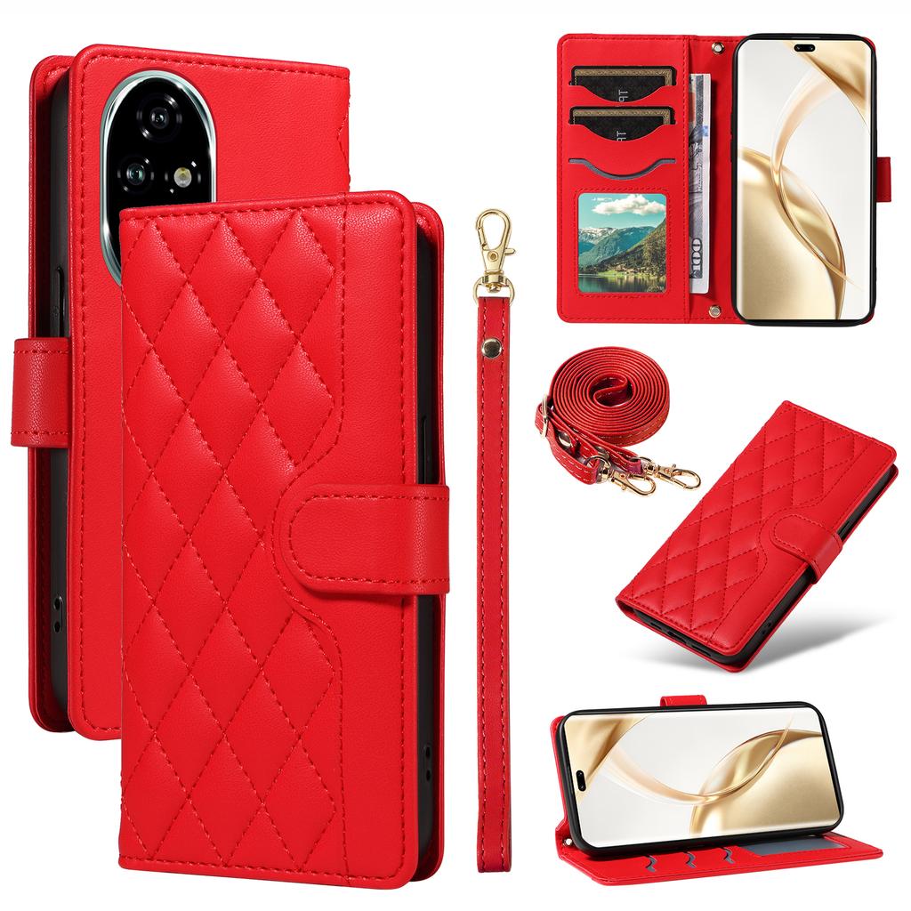 For Honor 200 Pro 5G Case Wallet Rhombus Leather Phone Cover with Shoulder Strap,Wrist Strap