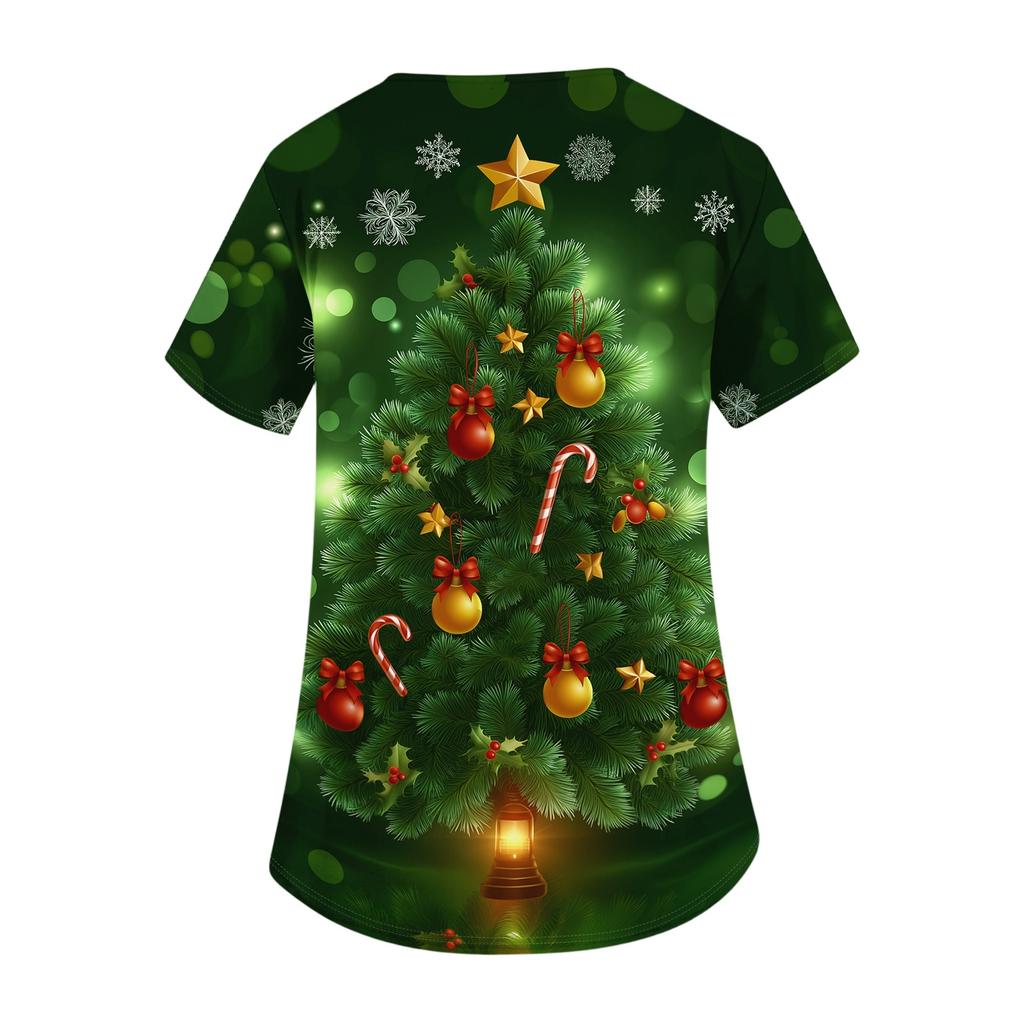 Women's Christmas Print V-Neck Short-Sleeve Work Top with Pockets and Side Slits