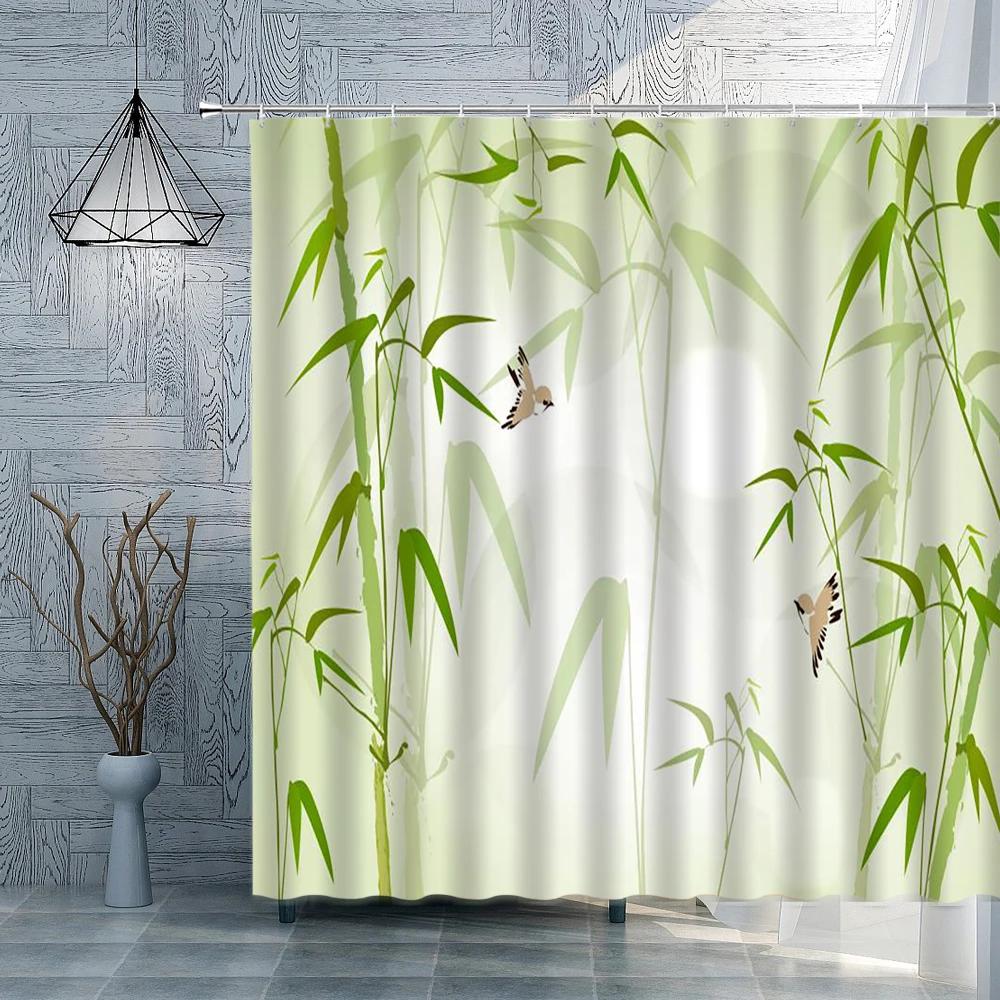 Bamboo Shower Curtain Plant Ink Painting Bathroom Curtain PolyesterFabric White Background Home Decoration With Hook Bath Decor