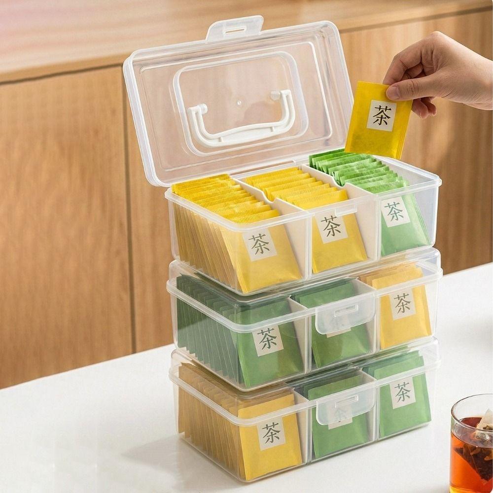 Plastic Tea Bag Storage Box Large Capacity Sealed Sugar Packet Storage Box with Removable Dividers Dust-proof Tea Bag Holder
