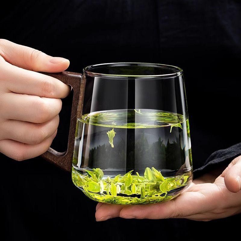 High-Temperature Resistant Glass Tea Cup with Walnut Handle, Perfect for Home or Office Use