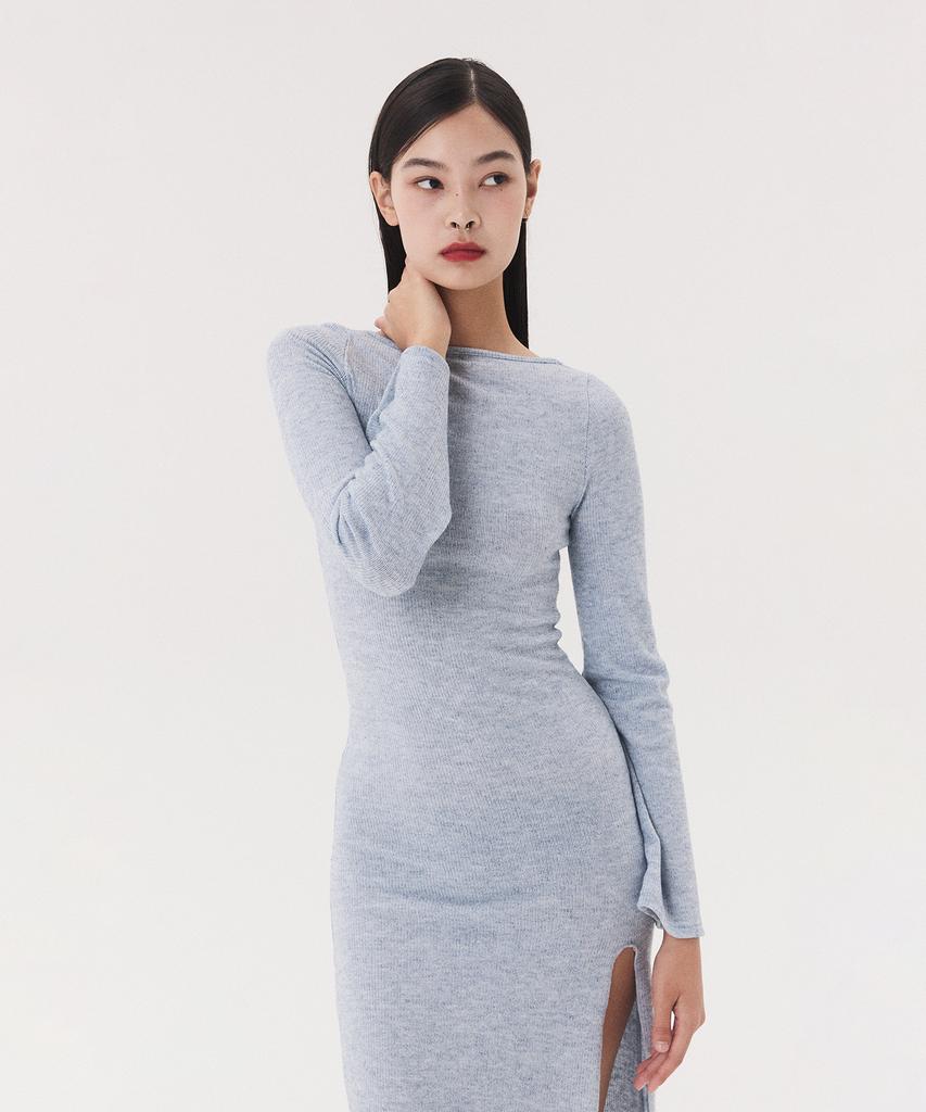 Kkuape Knit Long Slit Dress_Melange Blue