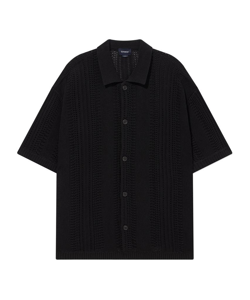 COVERNAT Crochet Half Knit Shirt Black