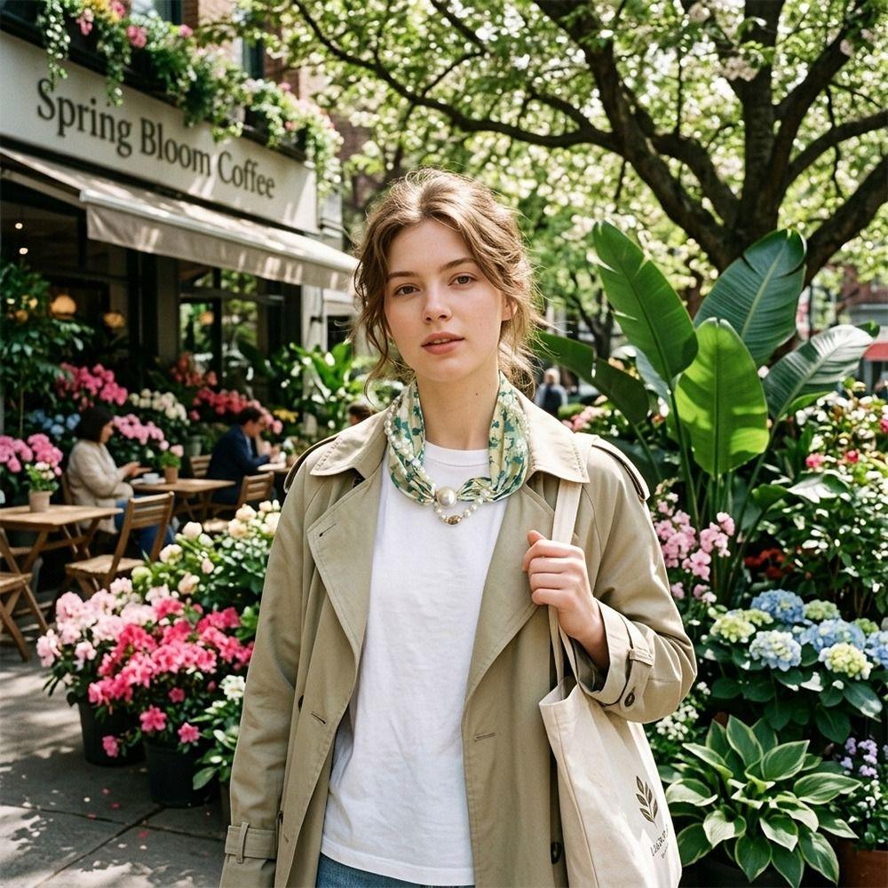 Magnetic Buckle Pearl Magnetic Clasp Scarf Thin Women's Shirt Necklace Elegant Silk Scarf  Women