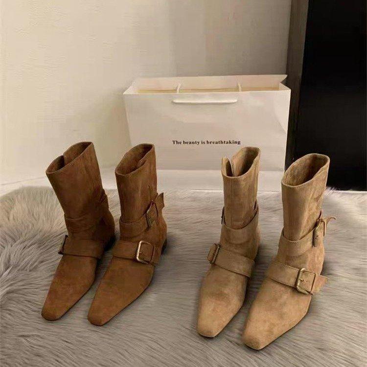 2025 autumn new niche design retro French short boots small square head western boots suede medium boots women's boots