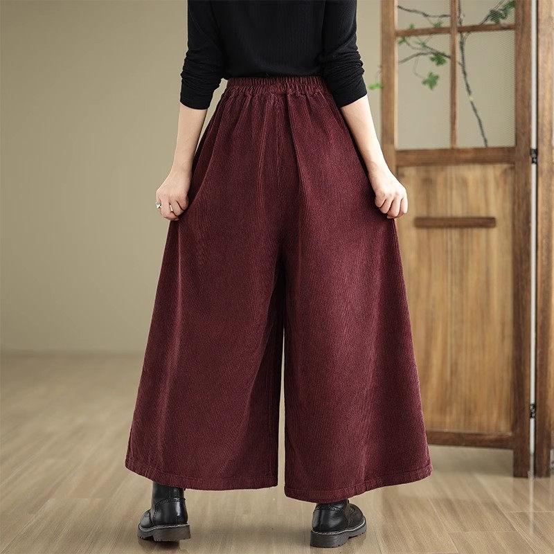 Women's Retro Corduroy High Waist Pants Spring Autumn Winter Slim A-Line Wide Leg Trousers with Pockets & Lace-Up Detail