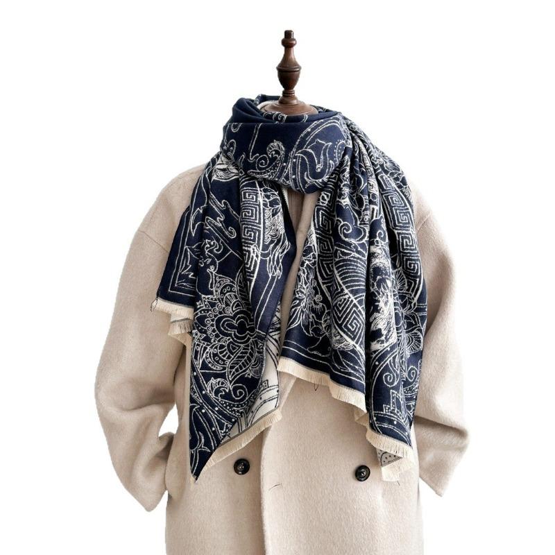 Black and White Shawl Women's Autumn and Winter New Outer Long Thickened Warm Scarf Antique Versatile Scarf