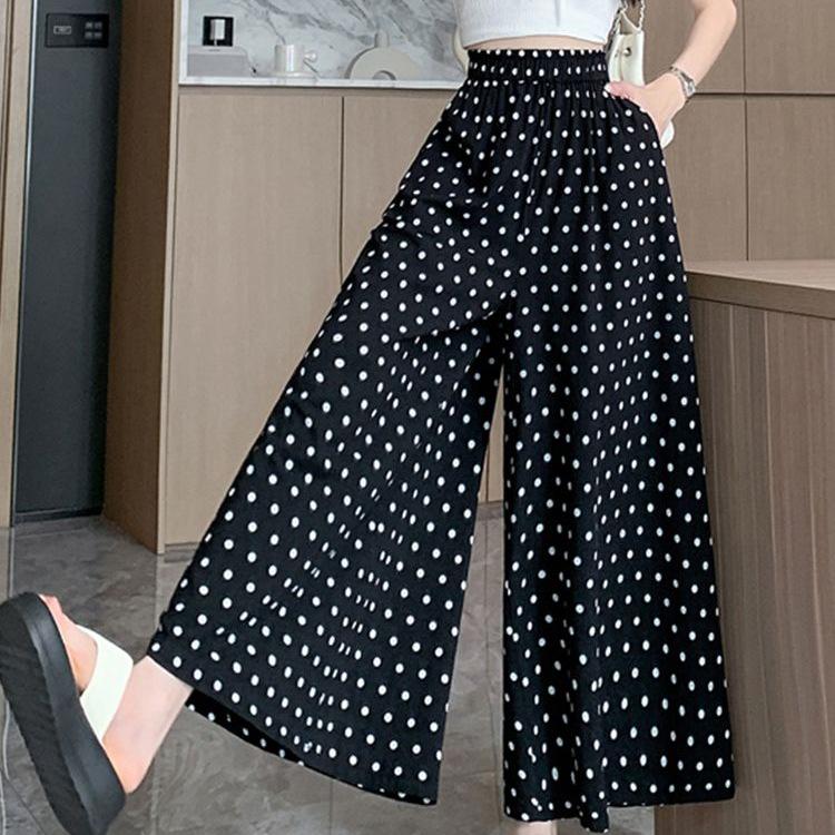 Gepunktete Eis-Seiden-Hosen mit weitem Bein – Sommerlich dünn, locker, formend, A-Linie, Übergröße, Fee-Stil für Damen.