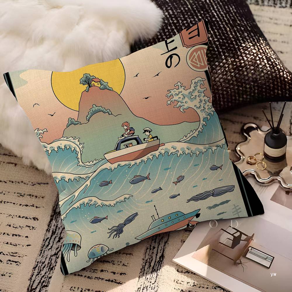 Studio Ghibli Ukiyo-e Collectie Bureaukussen, Kussensloop, Autokussenhoes, 45x45 cm, Lendenkussensloop, Bankkussenhoes