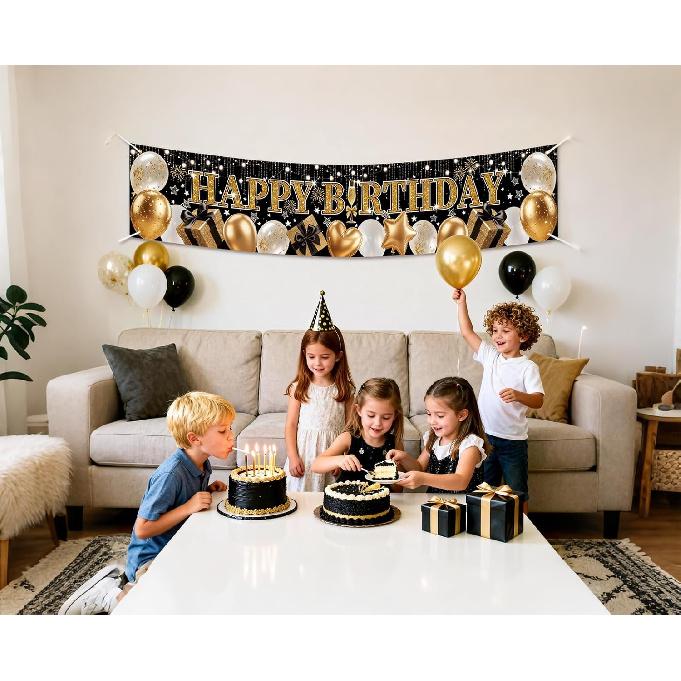 Black & Gold Glitter Birthday Banner - Elegant Balloon & Star Design with Sparkling Text, Premium Party Decor for Indoor/Outdoor Celebrations