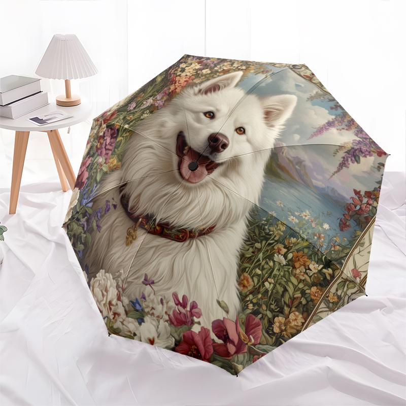 Samoyed and Plant Pattern, Automatic Folding Umbrella, Portable and Foldable Design, 8 Ribs, a Christmas or Birthday Gift.