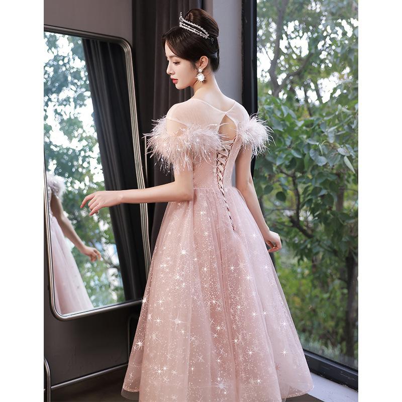 Evening dress female temperament celebrity light luxury niche style pink wedding dress art test host 18-year-old starry sky princess dress