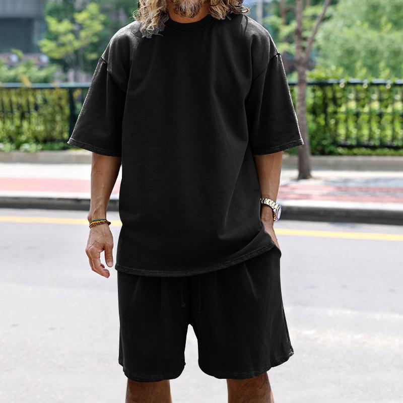 

Мужской летний комплект спортивной одежды из махры с коротким рукавом – модный европейский и американский повседневный стиль S чёрный