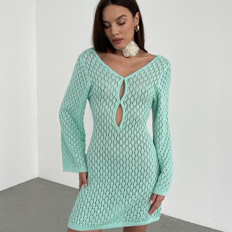 Autumn and Winter New Beach Skirt Solid Color Sexy Backless Knitted Hollow Dress Long Skirt Bikini Swimsuit Blouse