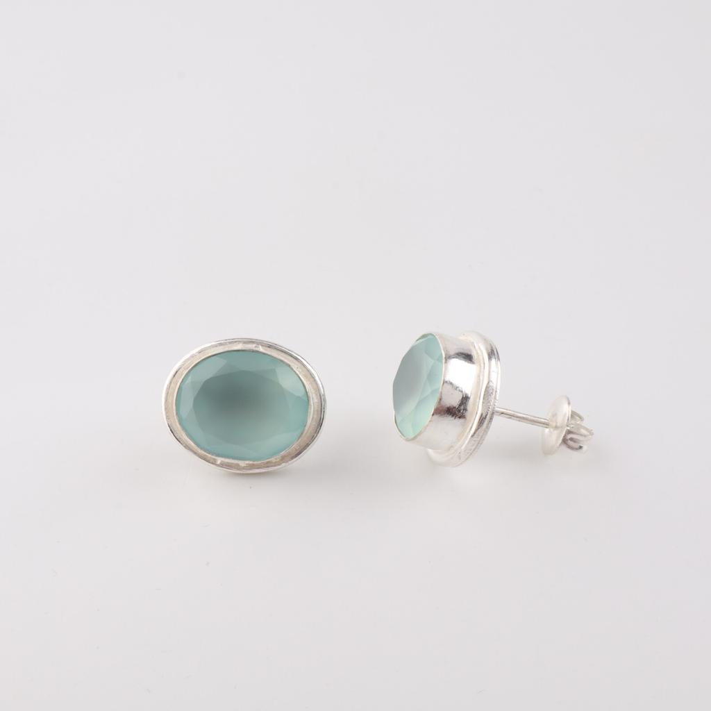 Aqua Chalcedony Gemstone 925 Sterling Silver Jewelry Handmade Stud Earrings 0.5" EE-178-19