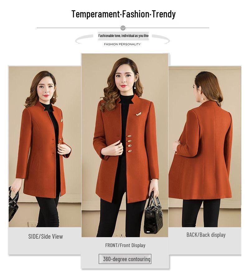 Dámský vlněný kabát střední délky se slim fit střihem a krátkým stojáčkem na podzim/zimu