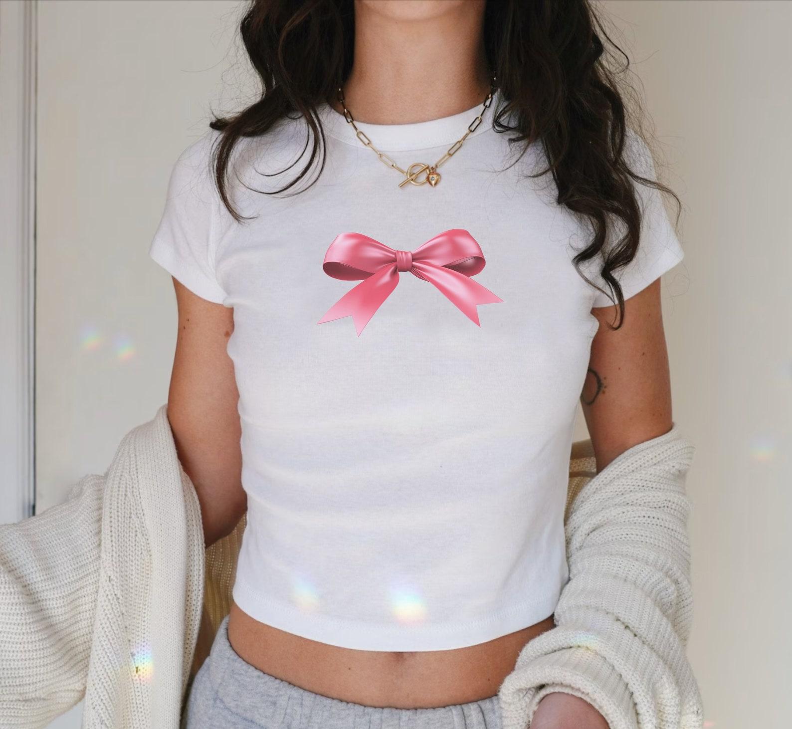 Pink Bow Graphic Baby Tee - Y2K Coquette Crop Top 2XL