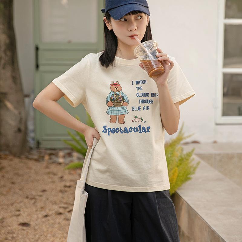 Women's Cute Bear Print Japanese Style Cotton Tee - Short Sleeves, Straight Shoulders, Youthful & Trendy Design