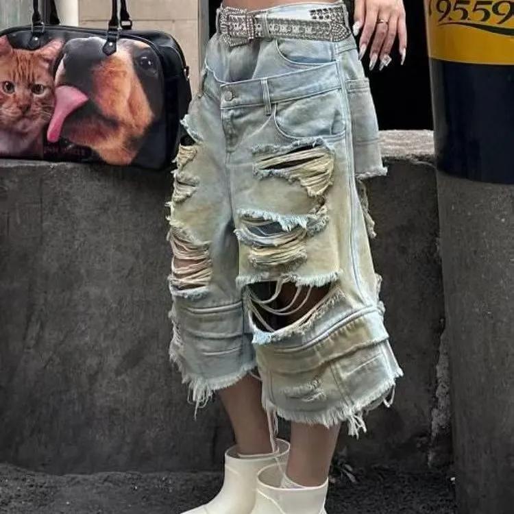 Damen Sommer Gewaschen Gerissen Alt Denim Cropped Hosen Street Gerade Baggy Jeans Lockere Jeans Weite Hosen