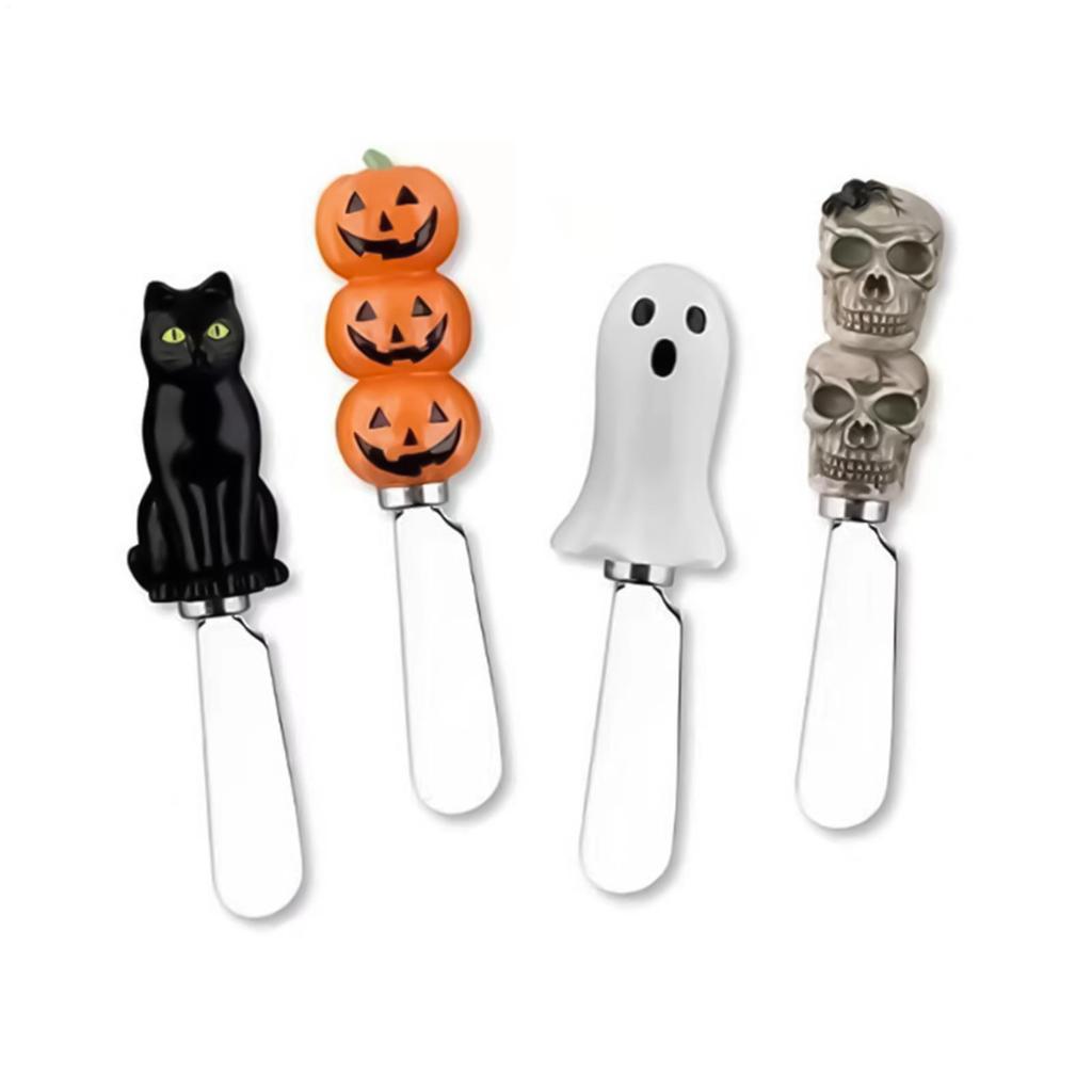 Käsemesser 4 Stück Halloween Marmeladenmesser Ergonomisch Kürbis Katze Geist Schädel Streicher für Toast Sandwich Marmelade Sahne