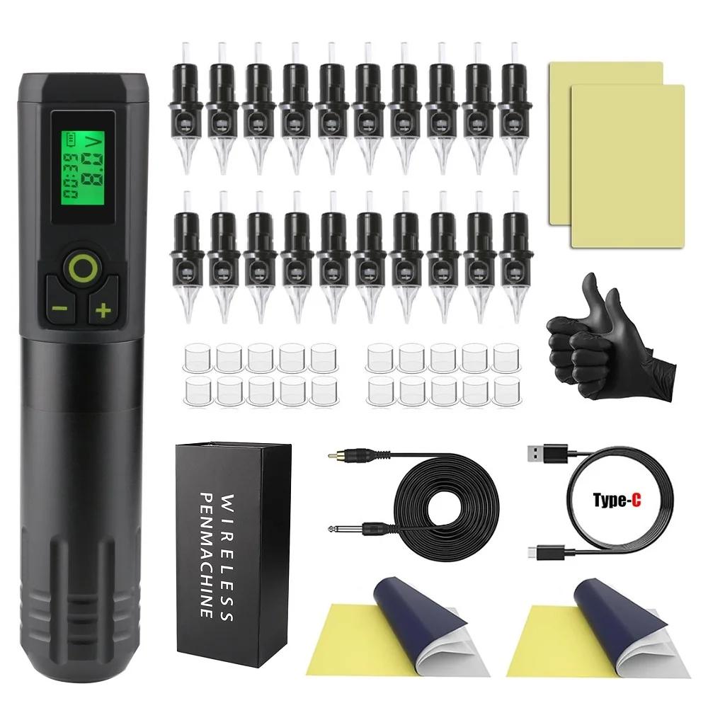 Täielik juhtmevaba tätoveerimismasina komplekt koos 2000 mAh LED-tätoveeringu akuga, 20 tk kasseti nõelad kehakunsti püsimeigikomplekti jaoks
