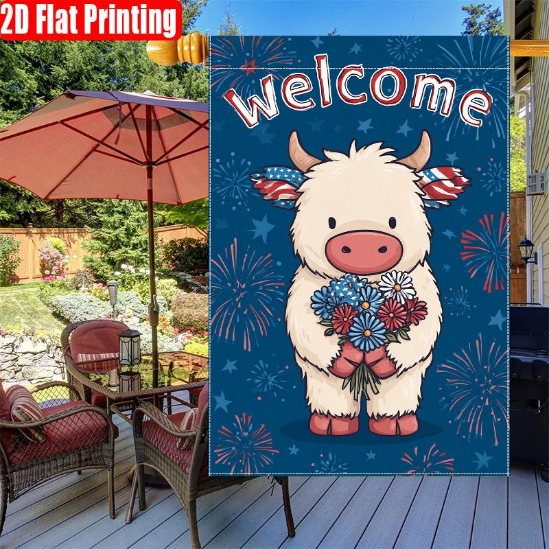 2D Flat, 2D Flat - 2D Flat - 1pc Welcome July 4Th Patriotic Independence Day Garden Flag Highland Cow Fireworks Daisy Courtyard Flag_3 (1)-Double Side