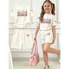 2026 Girls Fashionable Shorts Set Sweet Milk Tea Heart Print Round-neck 2pcs T-shirt Summer Casual Kids Outdoor Outfit