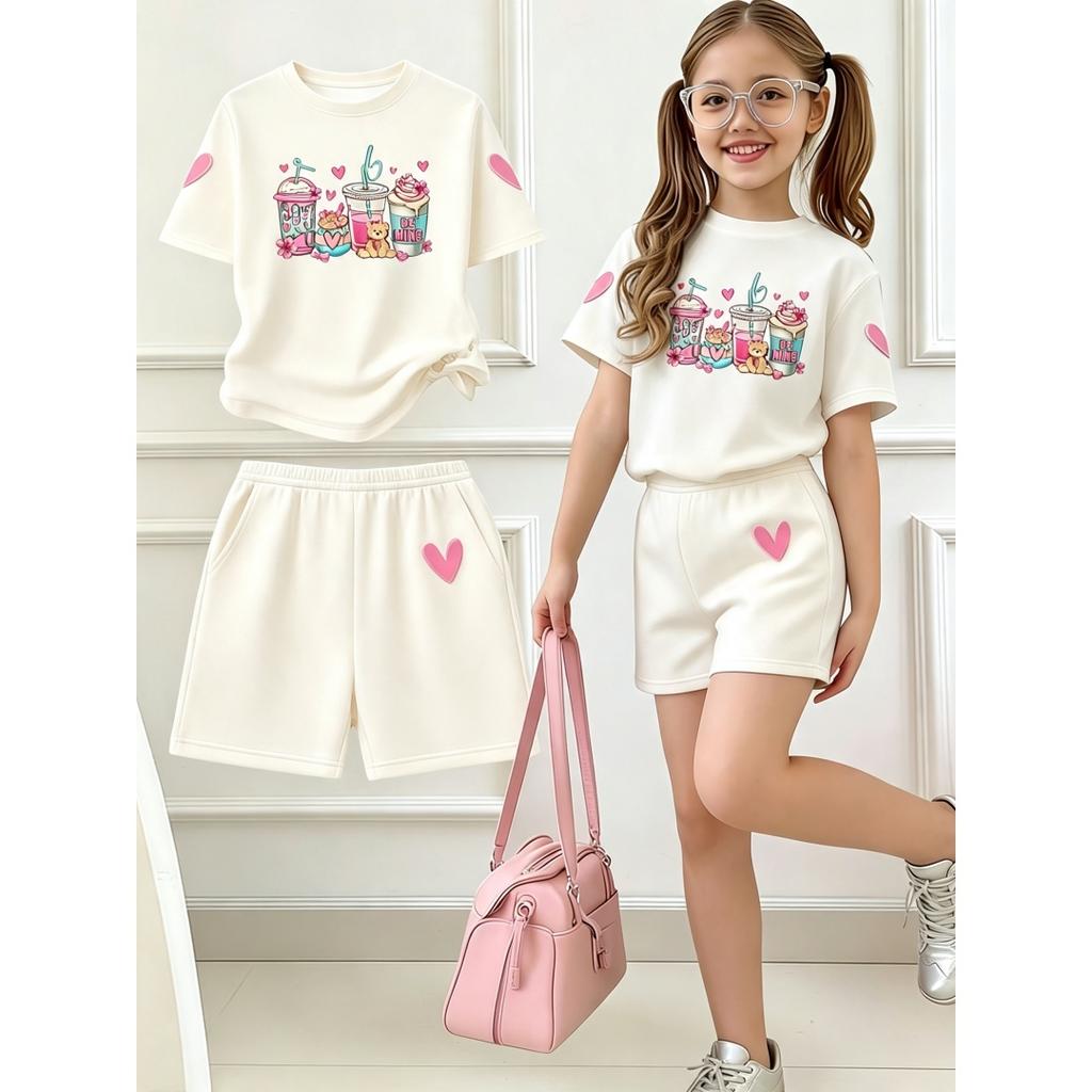 2026 Girls Fashionable Shorts Set Sweet Milk Tea Heart Print Round-neck 2pcs T-shirt Summer Casual Kids Outdoor Outfit