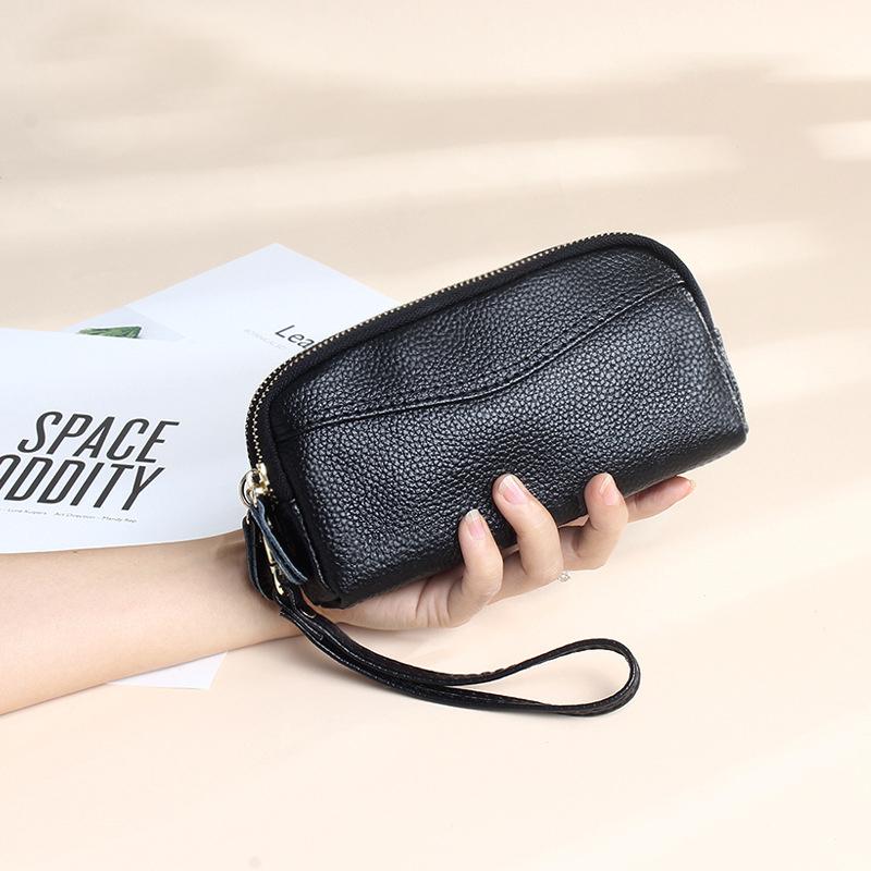 

Double Zipper Genuine Leather Women s Wallet Clutch Bag Coin Purse Large Capacity Female Wallets Phone Bag чорний