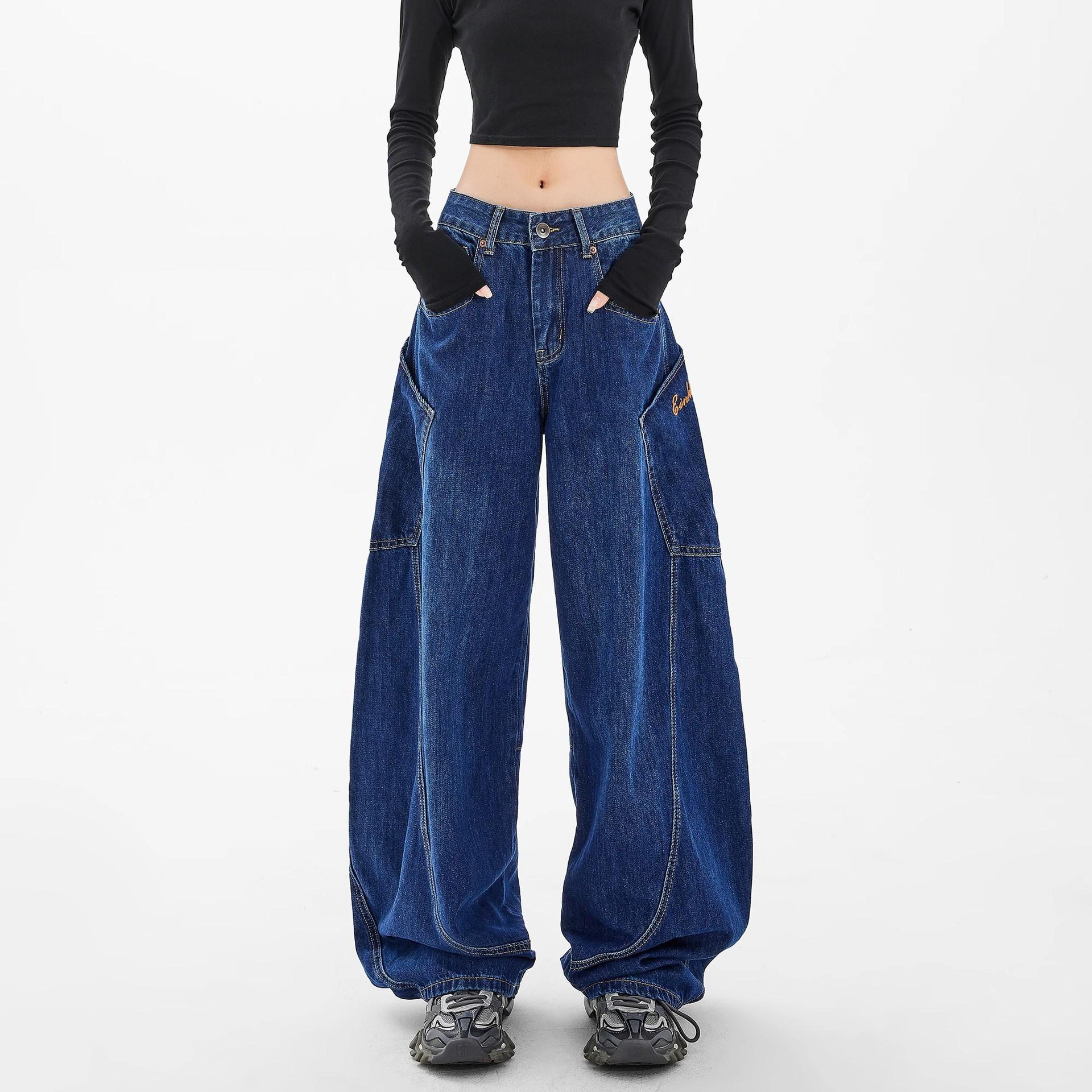 

Autumn Retro Women s Big Pocket Wide-Leg Straight Jeans 3XL