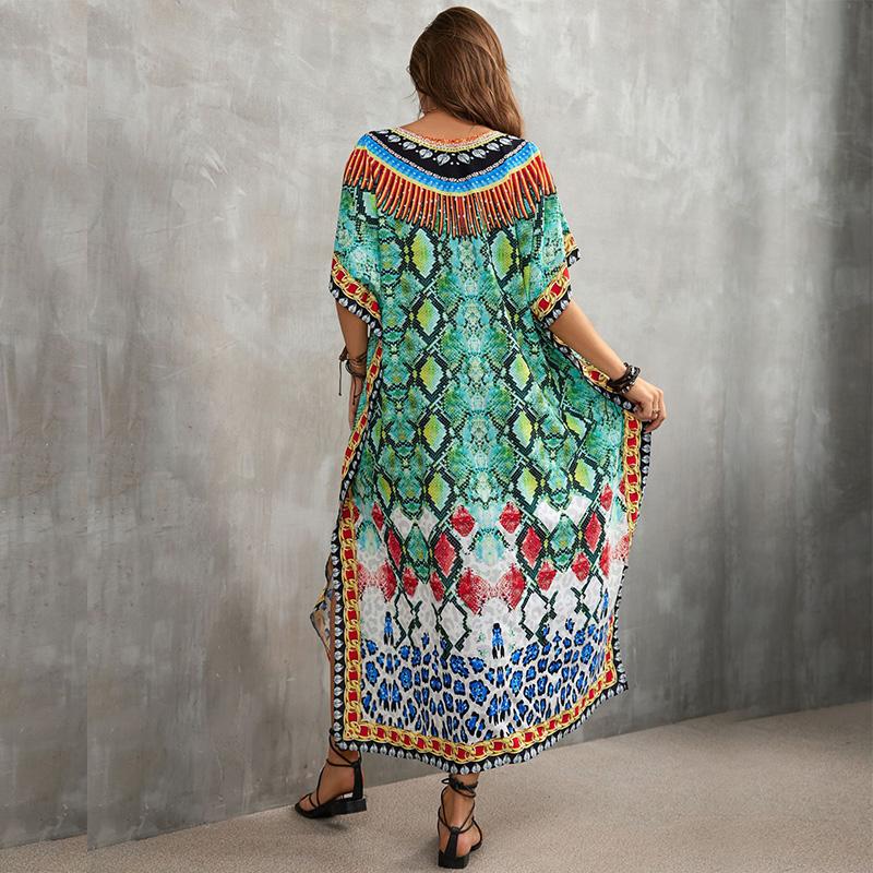 EDOLYNSA 2023 halbe Hülse Sommer Maxi Kleid Indie Folk Plus Größe Kaftan Casual V-ausschnitt Frau Kleidung Strand Tragen Badeanzug Cover up Q1383