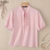 ZANZEA Blusa da donna casual a girocollo, tinta unita, manica corta larga