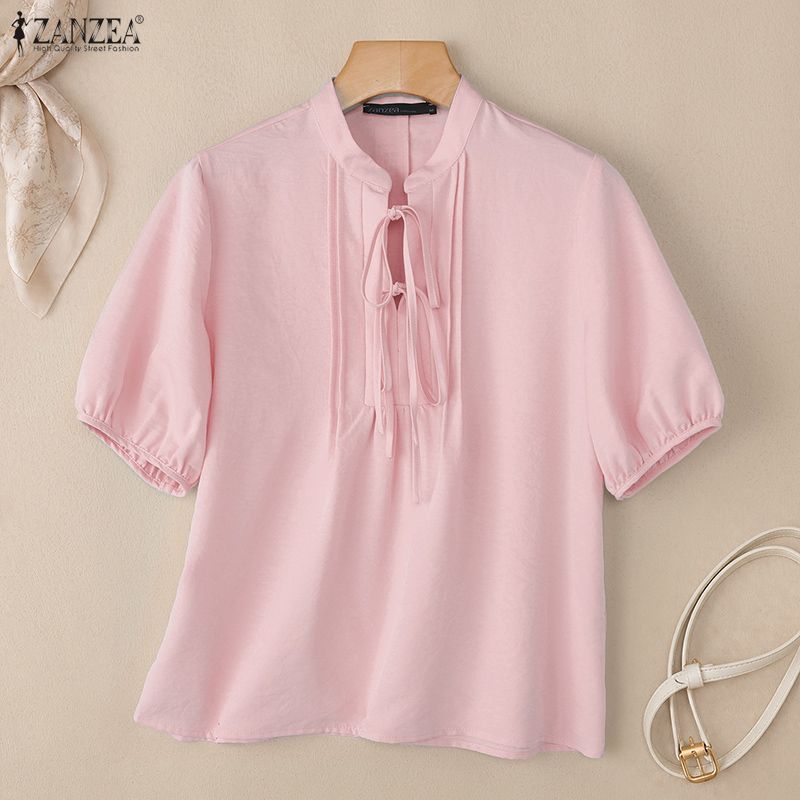 ZANZEA Blusa da donna casual a girocollo, tinta unita, manica corta larga
